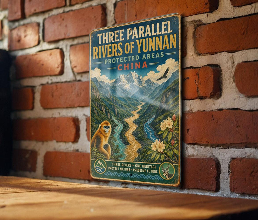 A vintage-style sign with a mountain landscape and a monkey, mounted on a brick wall.