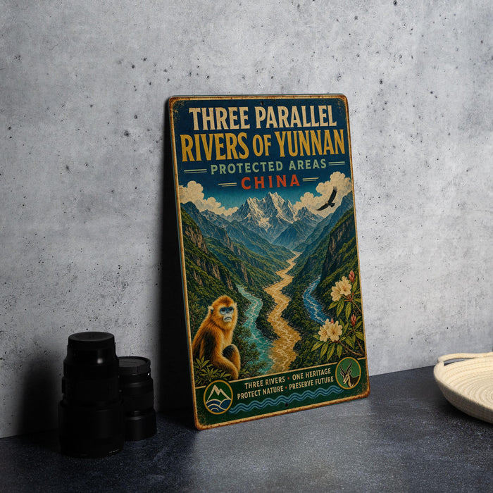 A vintage-style metal sign with a mountain landscape and a river, along with text that reads "Three Parallel Rivers of Yunnan, Protected Areas China".