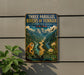 a vintage-style sign for the Three Rivers of Yunnan, a protected area in China.