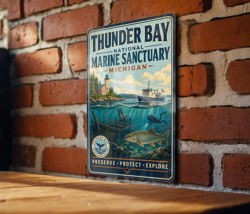 A vintage-style metal sign for Thunder Bay National Marine Sanctuary, Michigan, featuring a lighthouse, a ship, and a fish in the water.