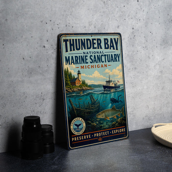 A vintage-style metal sign for the Thunder Bay National Marine Sanctuary in Michigan, featuring an illustration of a lighthouse, boats, and underwater scenery.