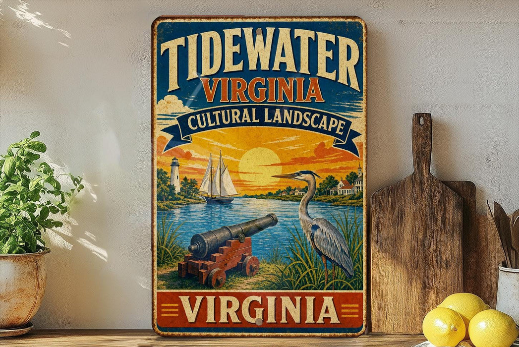 A vintage-style metal sign for Tidewater Virginia, featuring a seascape with a lighthouse, sailboat, and crane, along with the text "TIDEWATER VIRGINIA CULTURAL LANDSCAPE" and "VIRGINIA" at the bottom.