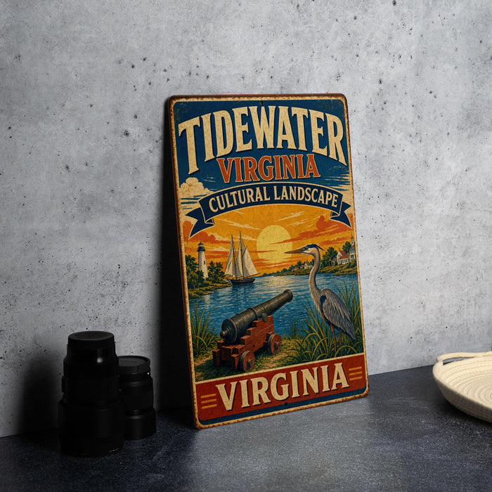 A vintage-style metal sign for Tidewater Virginia, featuring a sailboat, a crane, and a sunset over the water.