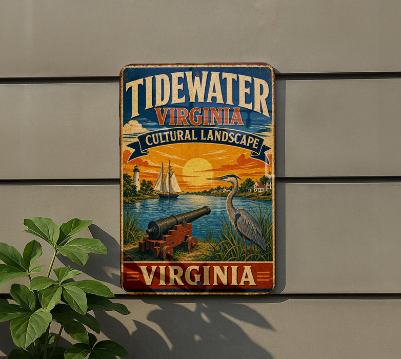 A vintage metal sign for Tidewater Virginia, featuring a scenic illustration of a harbor, a crane, and a sunset.