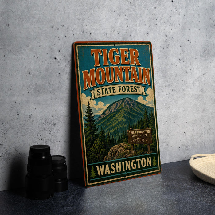 A vintage-style sign for Tiger Mountain State Forest in Washington, featuring a mountain landscape and the text "Tiger Mountain State Forest Washington".