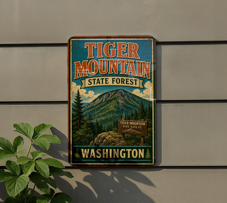 A vintage-style sign for Tiger Mountain State Forest in Washington, featuring a mountain landscape and a sign indicating the location.