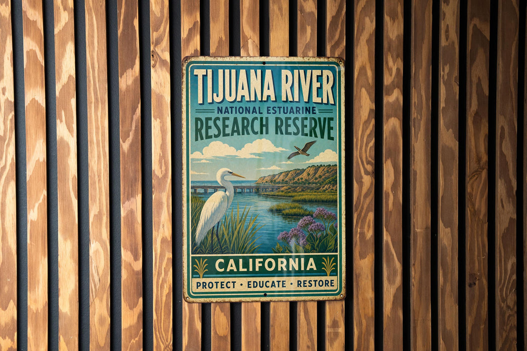 A vintage metal sign for the Tijuanan River National Estuarine Research Reserve in California, featuring a white heron and a scenic landscape.