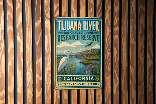 A vintage metal sign for the Tijuanan River National Estuarine Research Reserve in California, featuring a white heron and a scenic landscape.