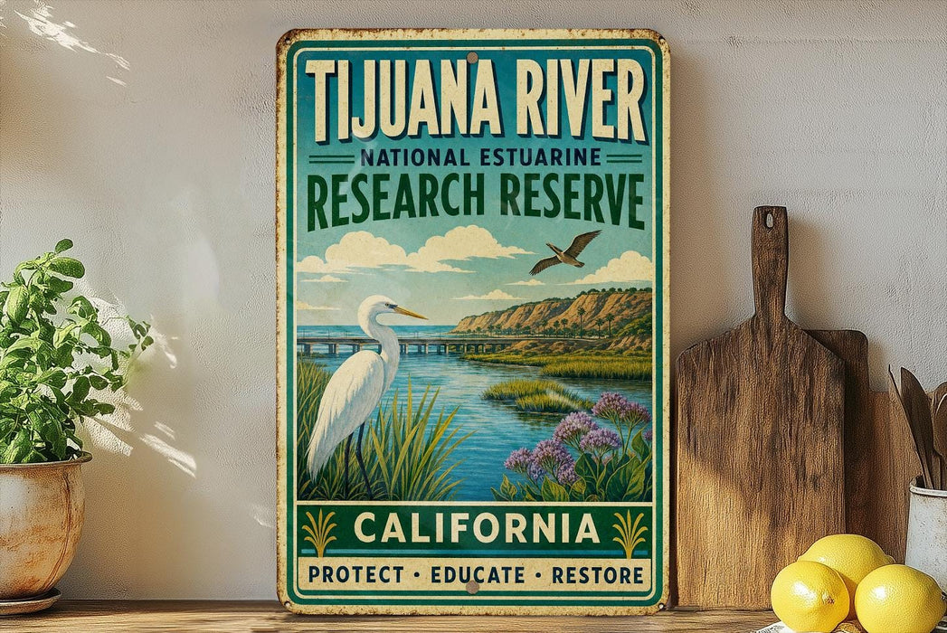 A vintage-style sign for the Tijuana River National Estuarine Research Reserve in California, featuring a white egret and a scenic landscape.
