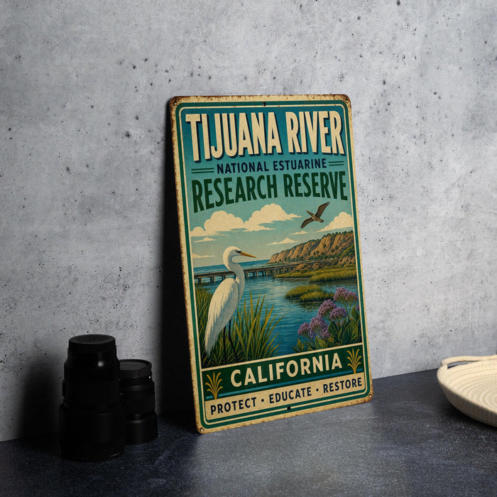 A vintage-style metal sign for the Tijuana River National Estuarine Research Reserve in California, featuring a white egret and a scenic landscape.