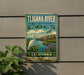 A vintage-style sign for the Tijuanan River National Estuarine Research Reserve in California, featuring a white egret and a scenic landscape.