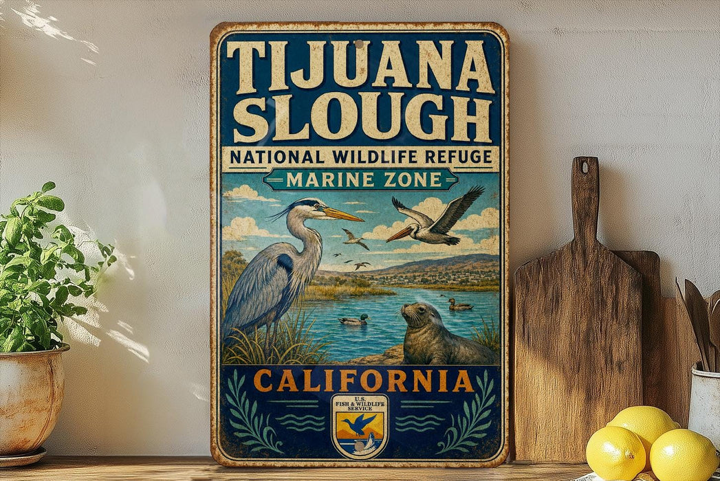 A vintage-style sign for the National Wildlife Refuge in California, featuring illustrations of various birds and marine life.