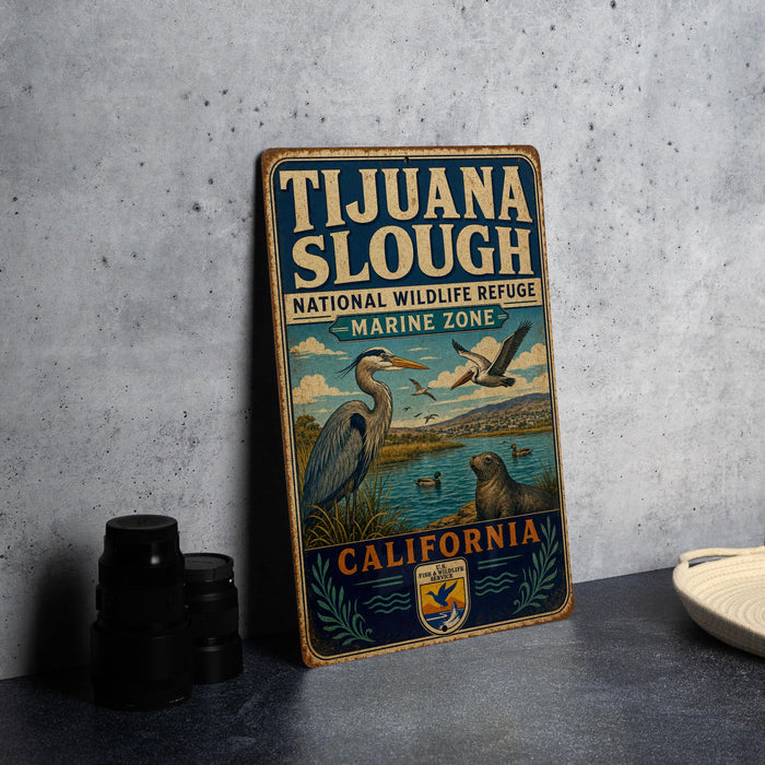 A vintage-style sign for the Tijuanan Slough National Wildlife Refuge in California, featuring illustrations of various wildlife species.