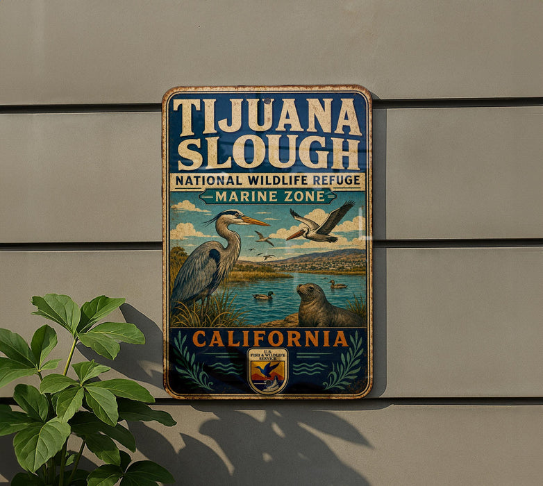 A vintage metal sign for the National Wildlife Refuge in California, featuring illustrations of various birds and marine life.
