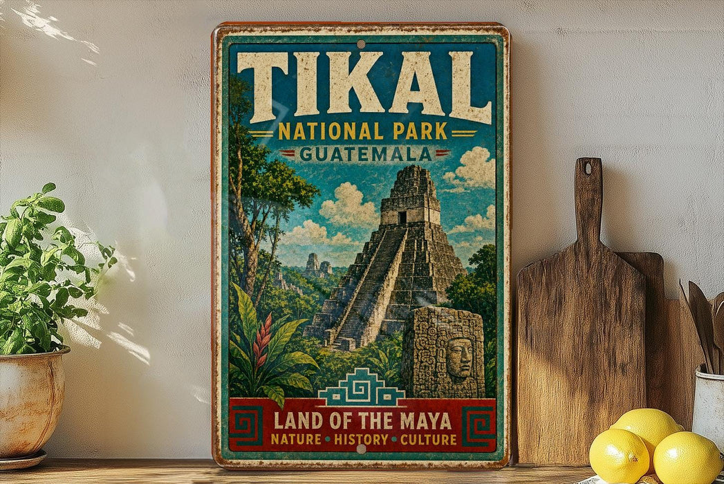 A vintage-style sign for the Tikal National Park in Guatemala, featuring an illustration of the Mayan ruins of Tikal.