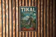 A vintage metal sign for Tikal National Park in Guatemala, featuring an illustration of the Mayan ruins of Tikal.