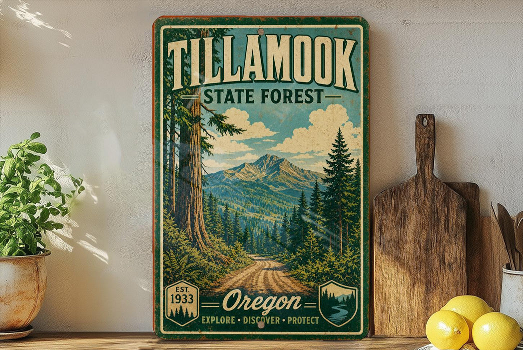 A vintage-style sign for Tillamook State Forest in Oregon, featuring a scenic mountain landscape and a road leading through the forest.