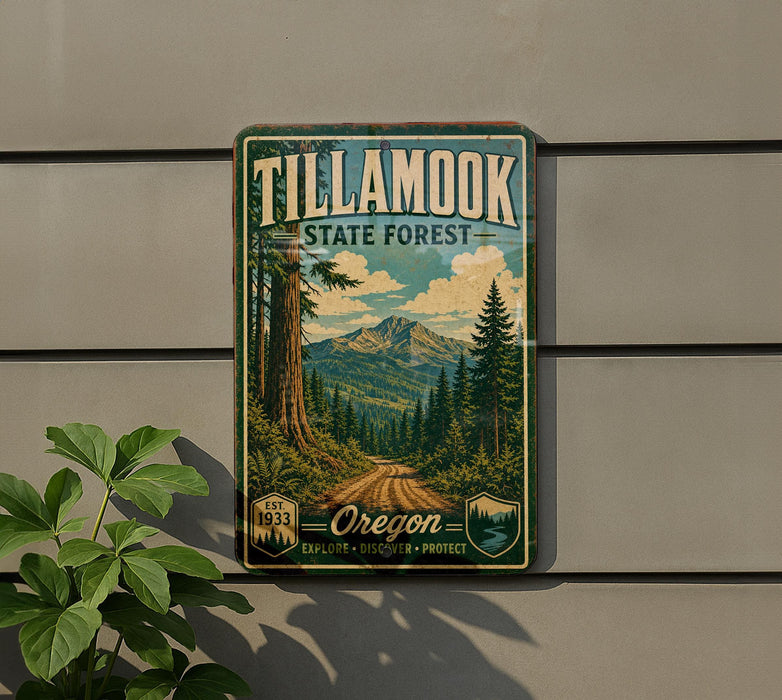 A vintage-style metal sign for Tillamook State Forest, featuring a scenic mountain landscape with pine trees and a dirt road.