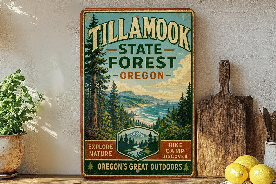 A vintage-style metal sign for Tillamook State Forest in Oregon, featuring a scenic landscape with pine trees, mountains, and a river. The sign encourages visitors to explore nature and hike in the camp.