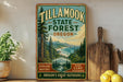 A vintage-style metal sign for Tillamook State Forest in Oregon, featuring a scenic landscape with pine trees, mountains, and a river. The sign encourages visitors to explore nature and hike in the camp.