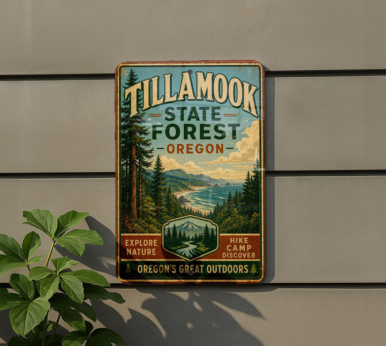 A vintage metal sign for Tillamook State Forest in Oregon, featuring a scenic landscape with pine trees and mountains.