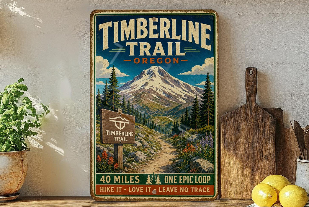 A vintage-style metal sign for the Timberline Trail in Oregon, featuring a mountain landscape with a trail sign and text indicating the trail's length and the presence of a one-epic loop.