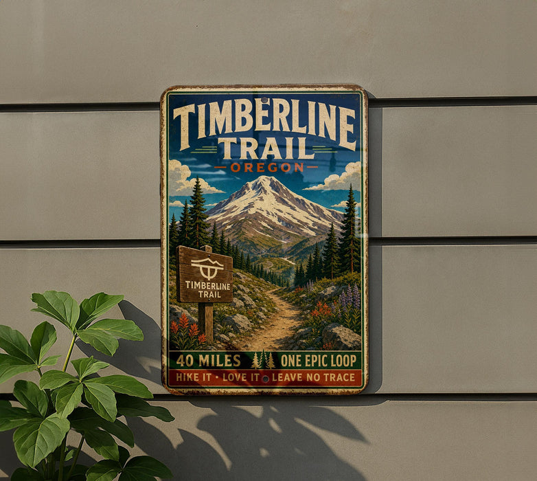 A vintage-style metal sign for the Timberline Trail in Oregon, featuring a mountain landscape and a trail sign.