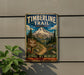 A vintage-style metal sign for the Timberline Trail in Oregon, featuring a mountain landscape and a trail sign.