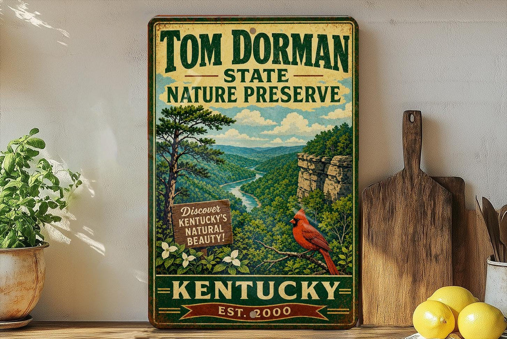 A vintage-style metal sign for Tom Dorman State Nature Preserve in Kentucky, featuring a scenic landscape with a red cardinal perched on a branch.