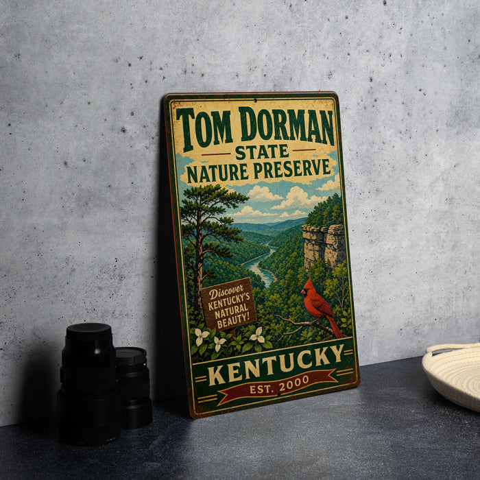 A vintage-style metal sign for Tom Dorman State Nature Preserve in Kentucky, featuring a scenic landscape with a red cardinal perched on a branch.