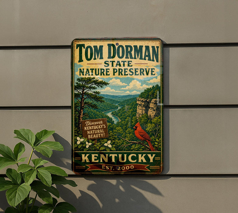 A vintage-style metal sign for Tom Dorman State Nature Preserve in Kentucky, featuring a scenic landscape with a red cardinal perched on a branch.