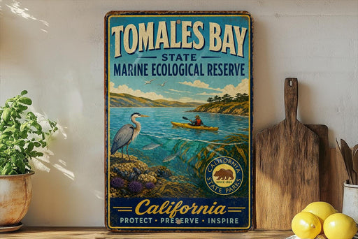 A vintage-style metal sign for the Tomales Bay State Marine Ecological Reserve in California, featuring a scenic illustration of a person kayaking in the bay.