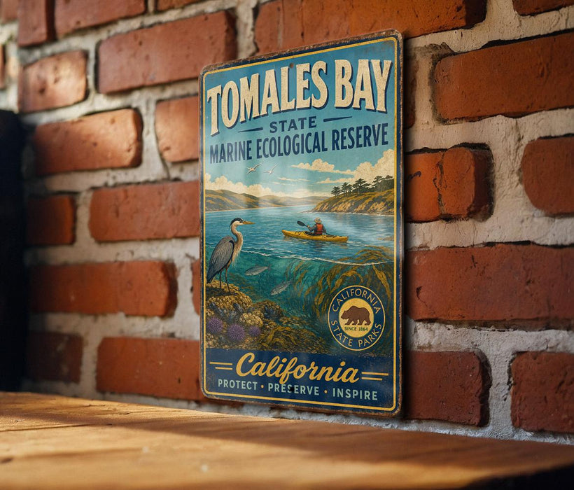A vintage-style metal sign for Tomales Bay State Ecological Reserve, featuring an illustration of a person kayaking in the bay and a bird.