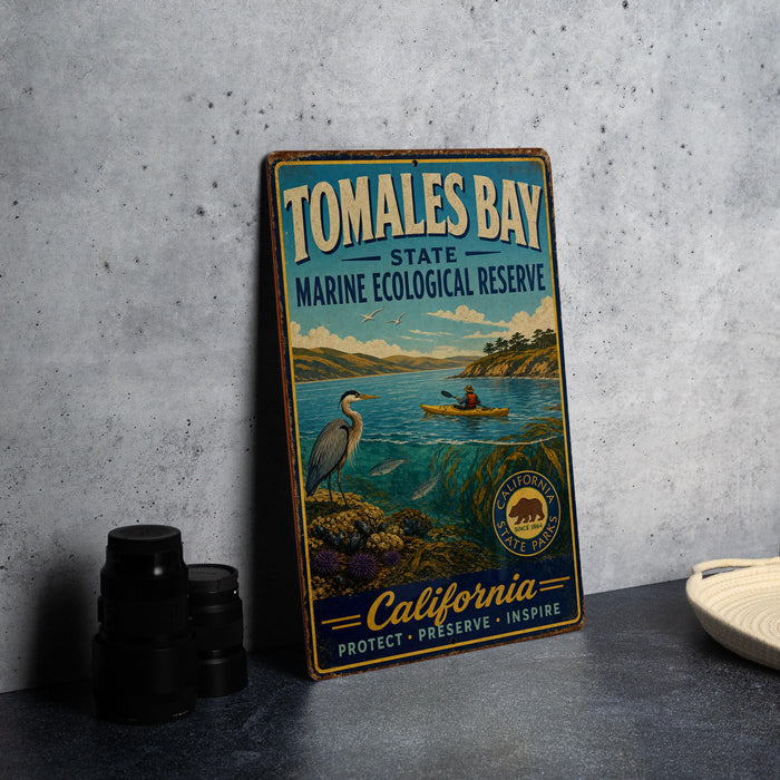 A vintage metal sign for Tomales Bay, California's State Marine Ecological Reserve, featuring an illustration of a person kayaking in the bay.