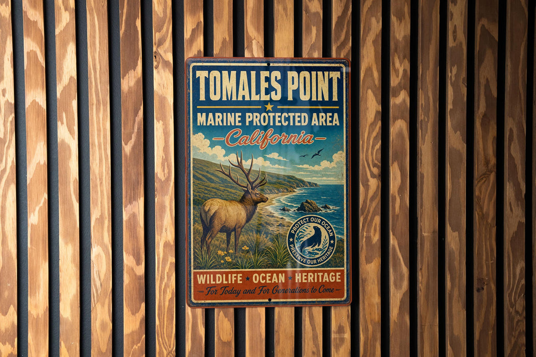 A vintage metal sign for Tomales Point, a marine protected area in California, featuring an illustration of a deer and the text "Wildlife, Ocean, Heritage" and "For Today and Future generations to come".