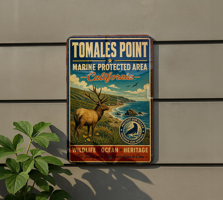 A vintage metal sign for Tomales Point, a marine protected area in California, featuring an illustration of a deer in a grassy field with a coastal landscape in the background.