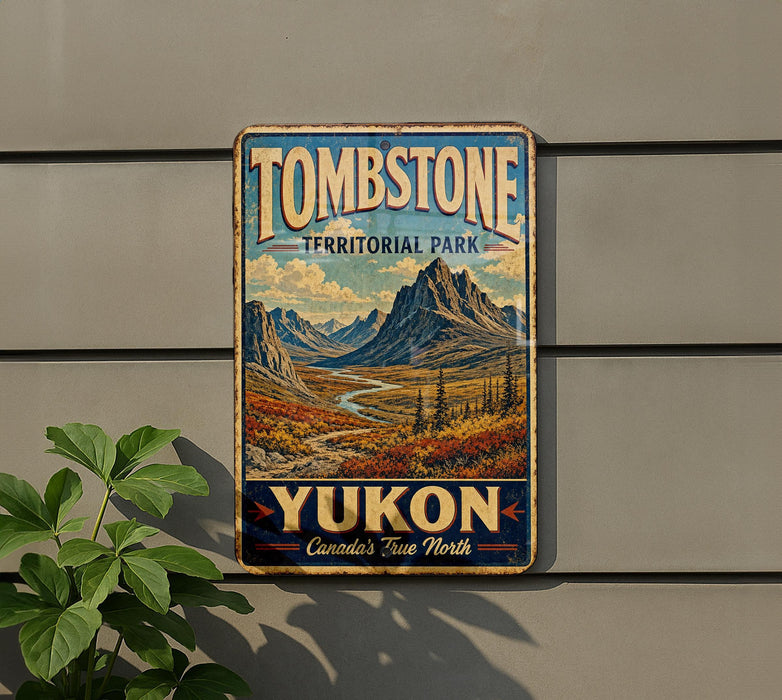 A vintage-style metal sign for Tombstone Territorial Park, Yukon, Canada, featuring a scenic mountain landscape.