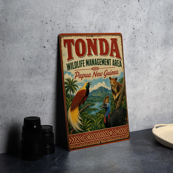 A vintage metal sign for the Tonda Wildlife Management Area in Papua New Guinea, featuring an illustration of various animals in a tropical setting.