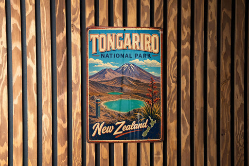 A vintage metal sign for Tongarro National Park in New Zealand, featuring a scenic landscape with mountains, a lake, and a waterfall.