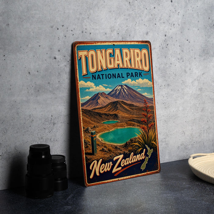 A vintage-style metal sign for Tongarifo National Park in New Zealand, featuring a scenic landscape with mountains, a lake, and a waterfall.