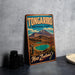 A vintage-style metal sign for Tongarifo National Park in New Zealand, featuring a scenic landscape with mountains, a lake, and a waterfall.