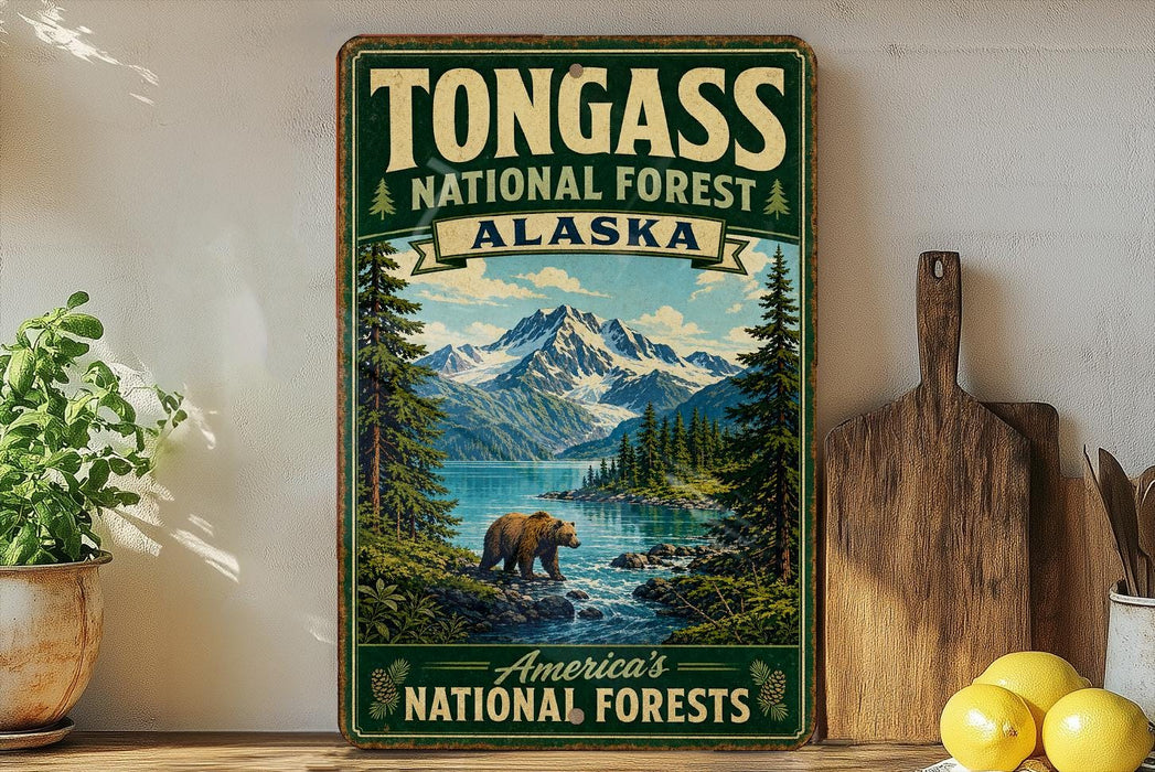 A vintage-style sign for Tongass National Forest in Alaska, featuring a scenic landscape with a bear, mountains, and a river.