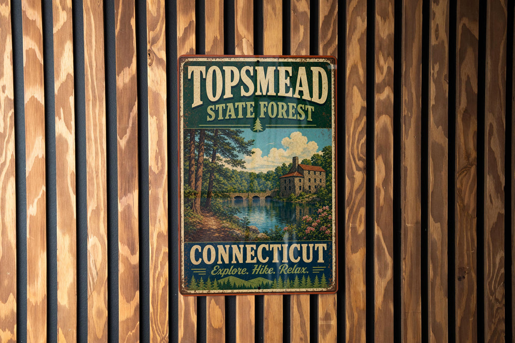 A vintage metal sign for Topmead State Forest in Connecticut, featuring a scenic landscape with a bridge and trees.