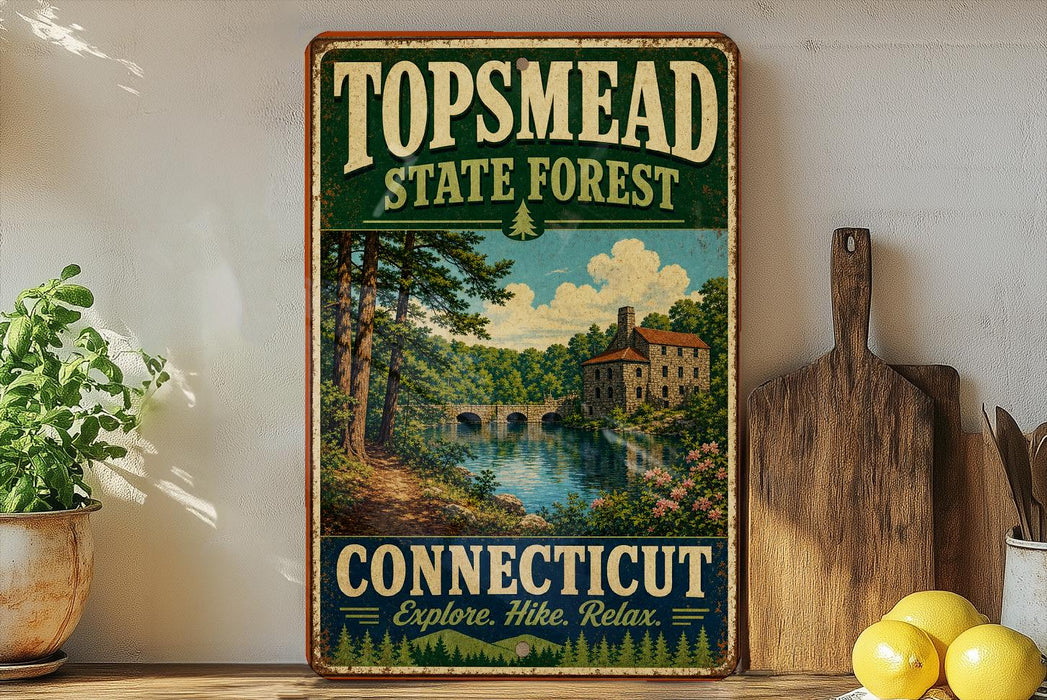 A vintage-style sign for the Topmead State Forest in Connecticut, featuring a scenic landscape with a river, bridge, and trees.