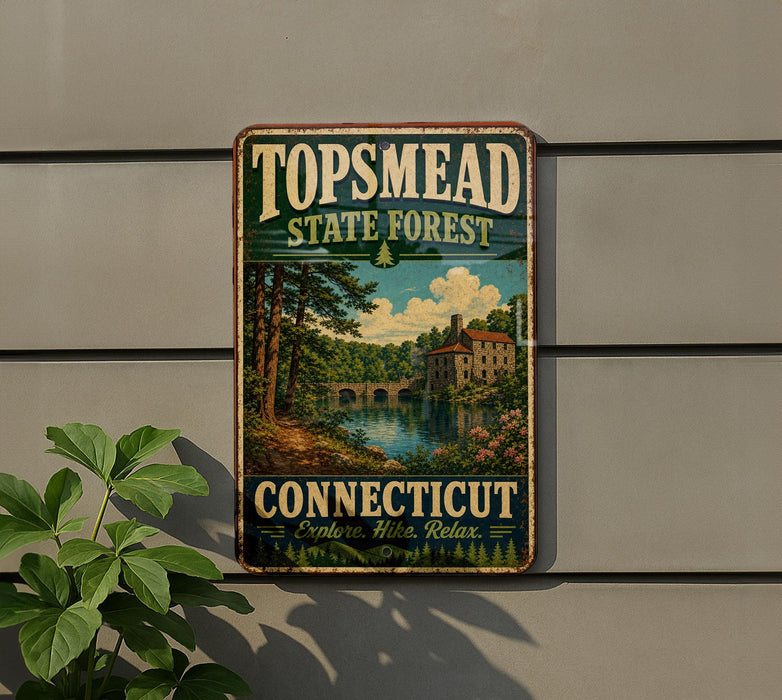 A vintage-style metal sign for Topmead State Forest in Connecticut, featuring a scenic landscape with a bridge and trees.