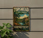 A vintage-style metal sign for Topmead State Forest in Connecticut, featuring a scenic landscape with a bridge and trees.