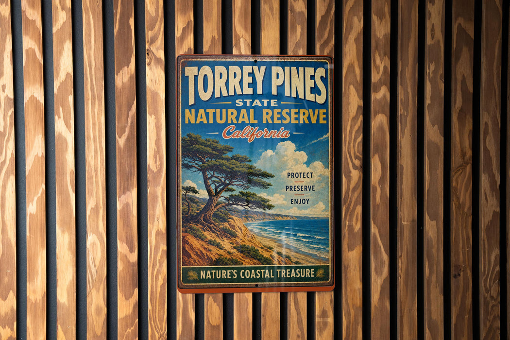 A vintage-style metal sign for Torrey Pines State Natural Reserve in California, featuring a scenic landscape with a tree and ocean.