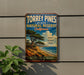 A vintage-style metal sign for Torrey Pines State Natural Reserve in California, featuring a scenic landscape with a pine tree and ocean.