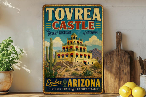 A vintage-style sign for Tovrea Castle, the Desert Treasure of Arizona, featuring a colorful illustration of the castle and desert landscape.