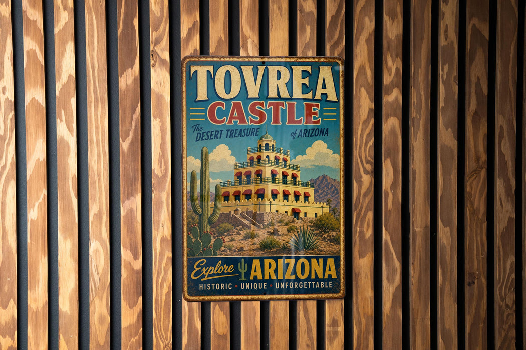 A vintage-style metal sign for Tovrea Castle, a desert treasure in Arizona, is displayed on a wooden wall.